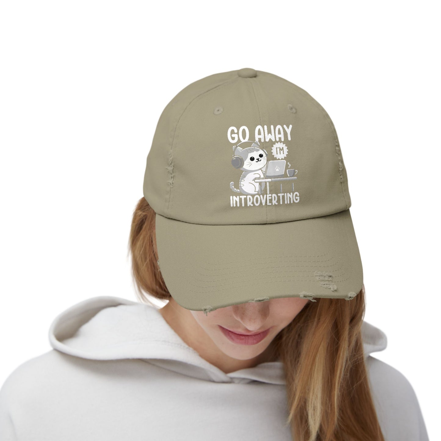 Go Away I'm Introverting Cat with Headphones and Laptop Cap