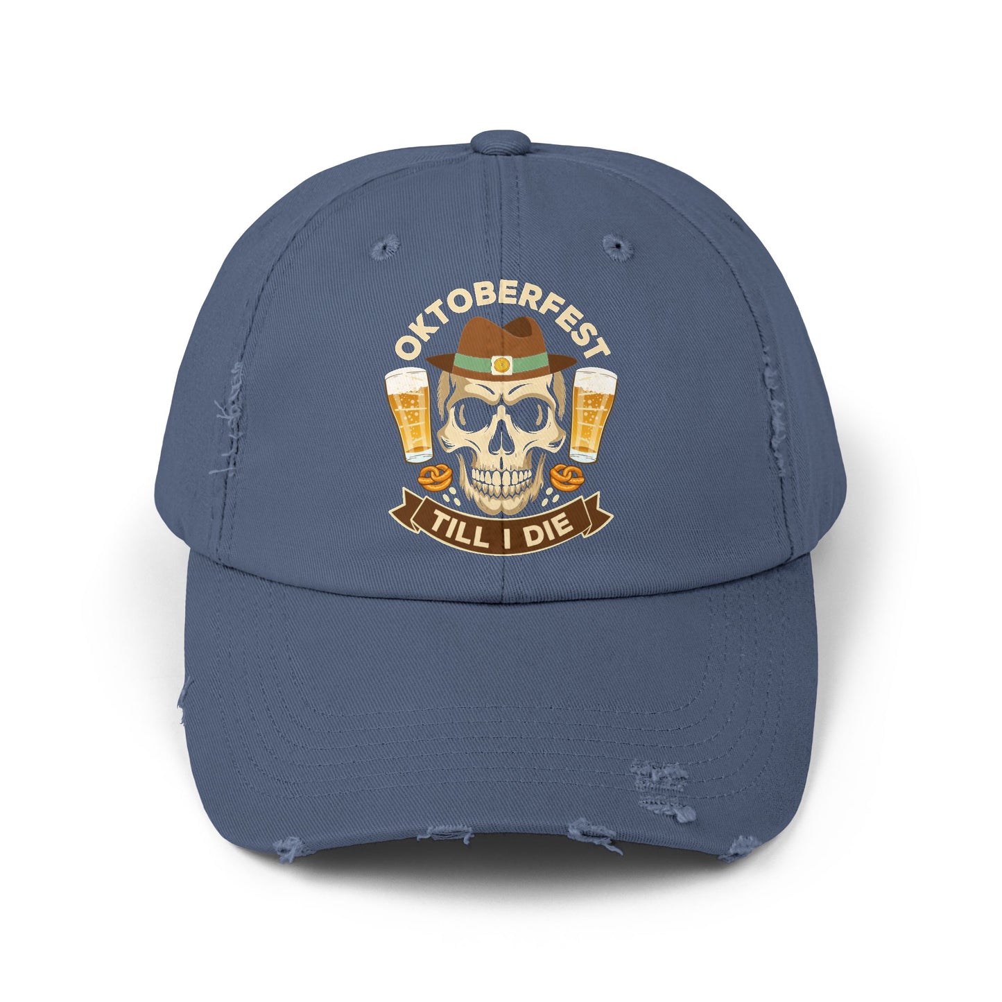 Oktoberfest Till I Die Skull With Beer Mugs and Pretzels Cap