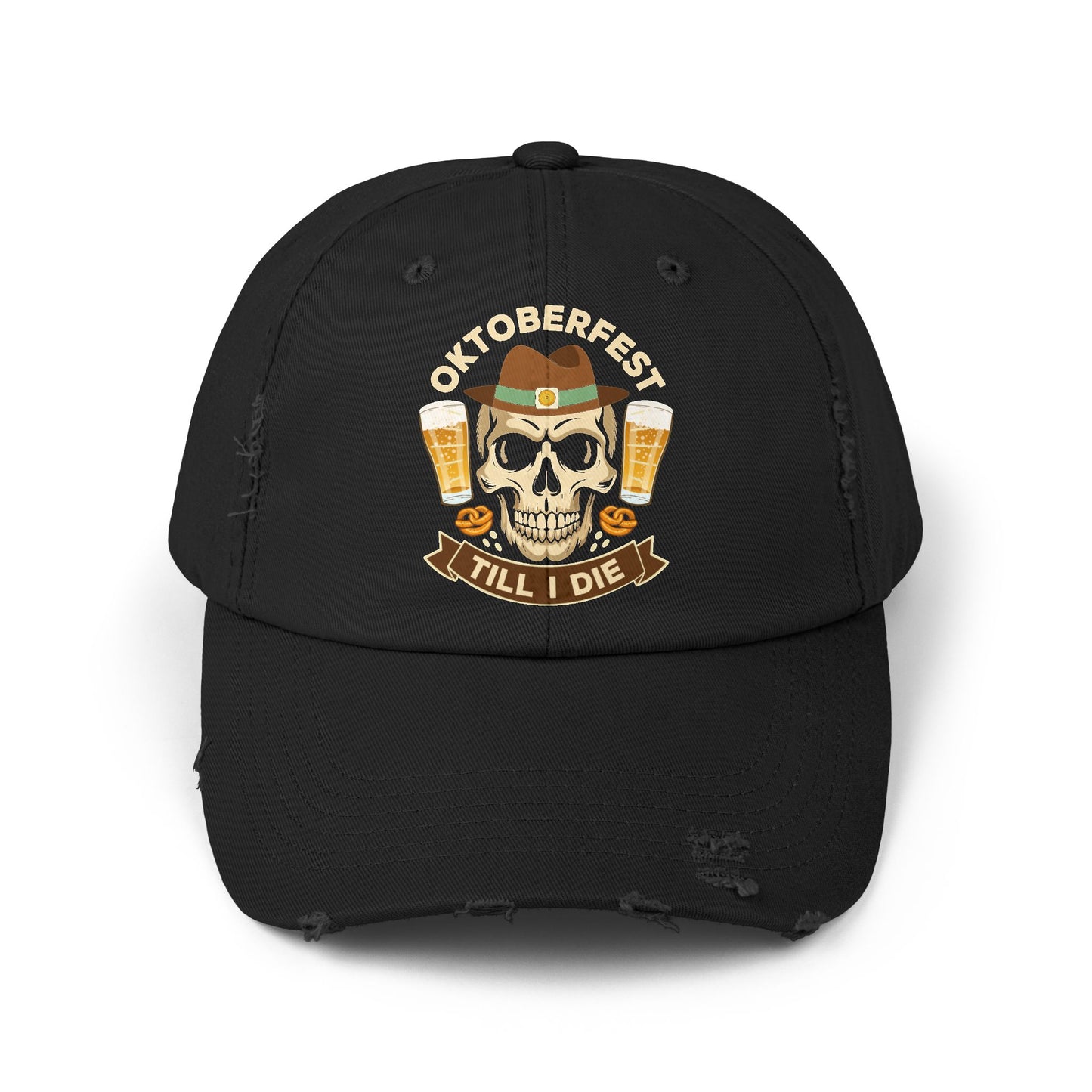 Oktoberfest Till I Die Skull With Beer Mugs and Pretzels Cap
