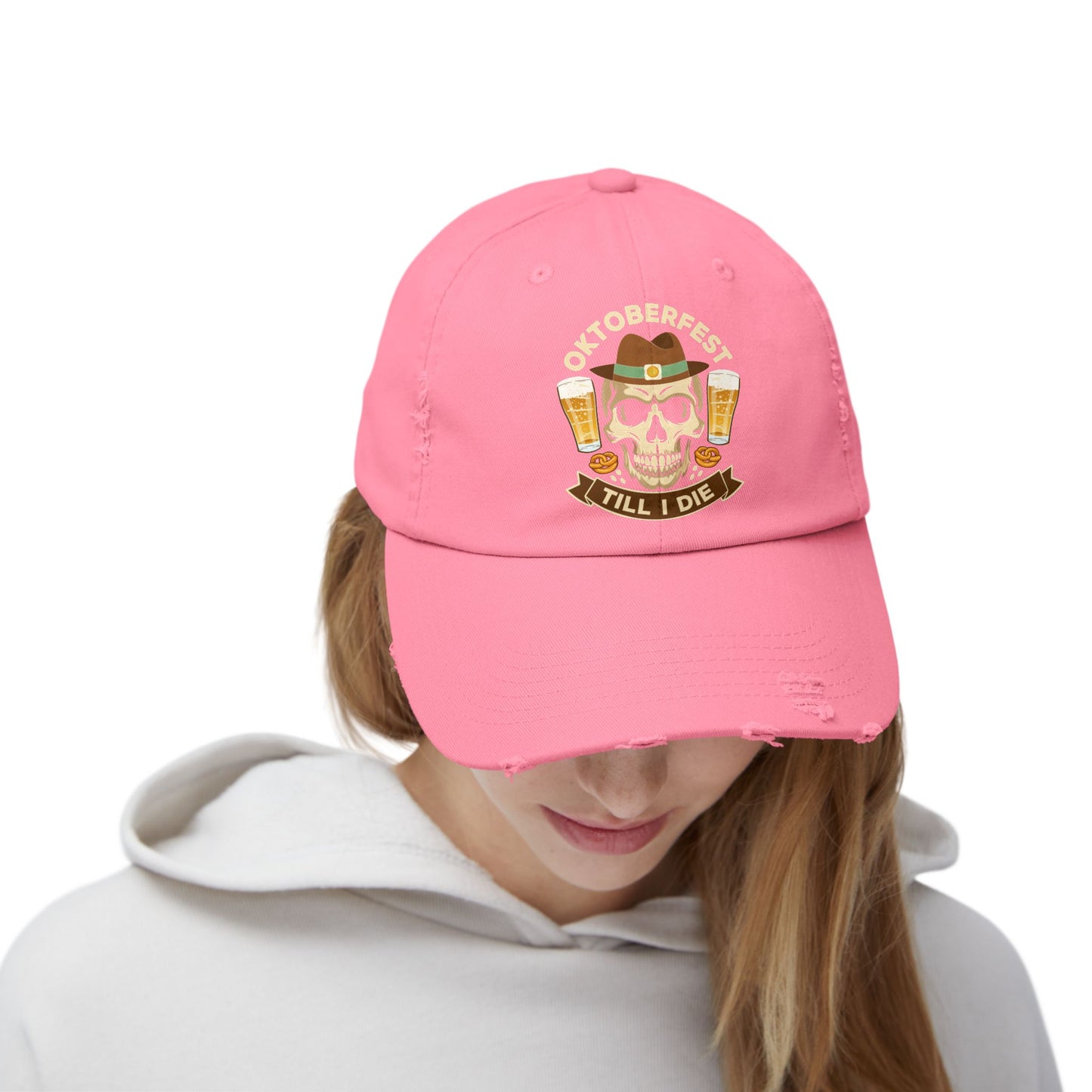 Oktoberfest Till I Die Skull With Beer Mugs and Pretzels Cap