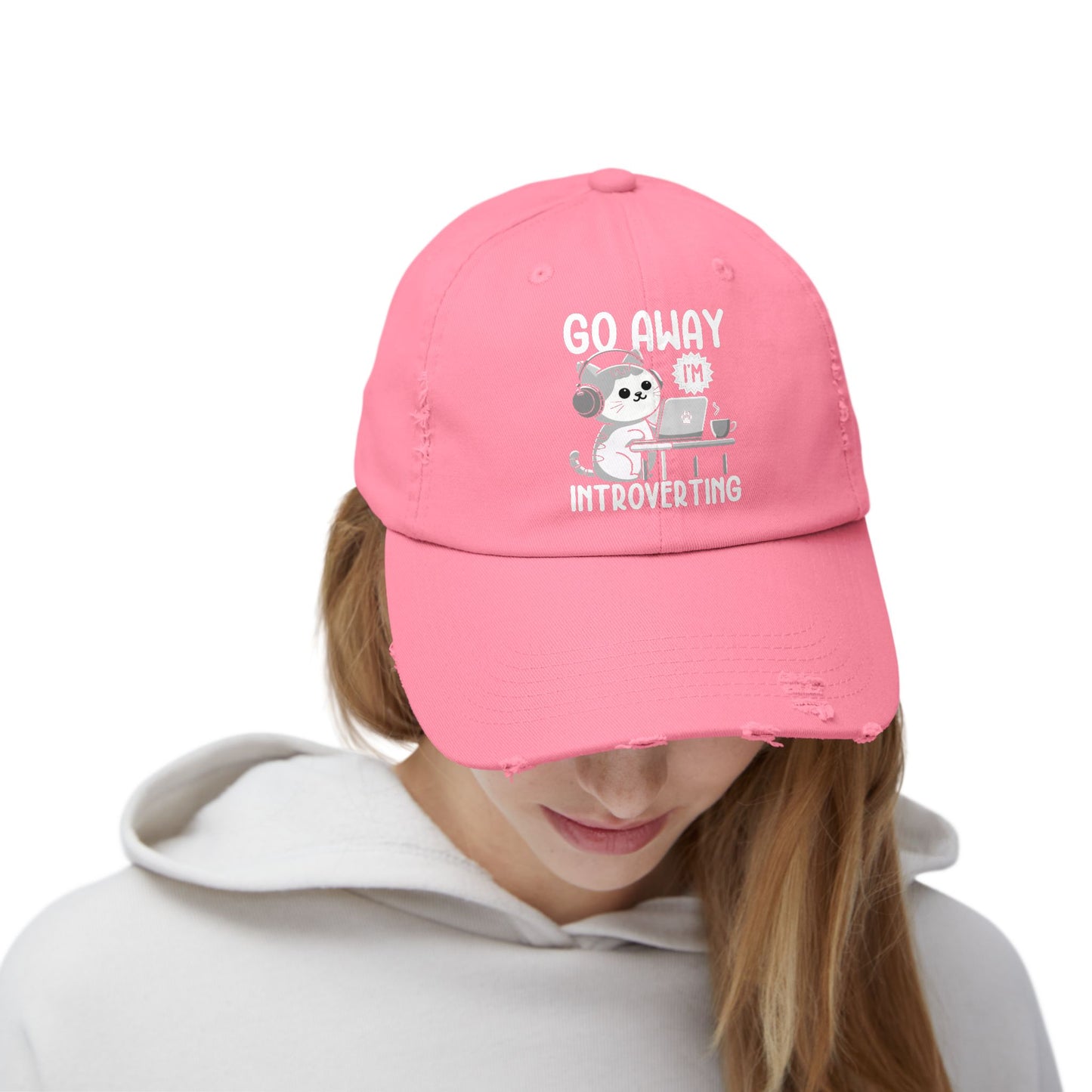 Go Away I'm Introverting Cat with Headphones and Laptop Cap