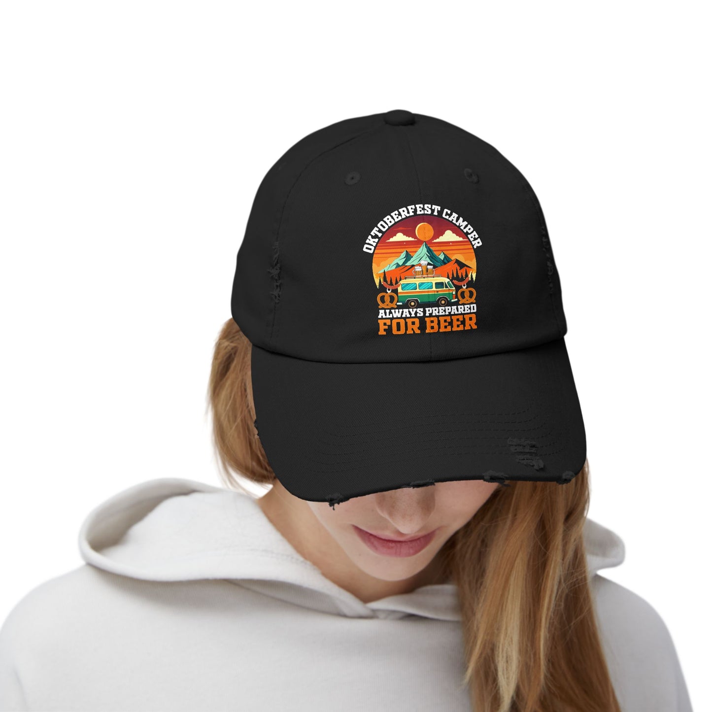 Oktoberfest Camper Always Prepared For Beer Sunset Mountain Scene Cap