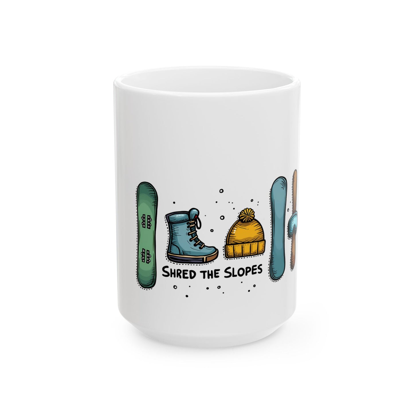 Shred the Slopes Illustration With Snowboarding Gear and Winter Apparel Elements Ceramic Mug