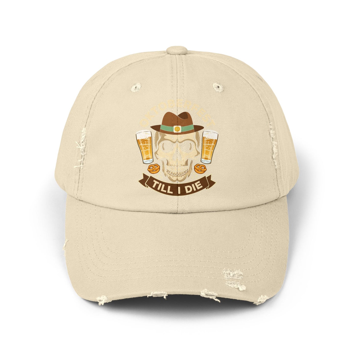 Oktoberfest Till I Die Skull With Beer Mugs and Pretzels Cap