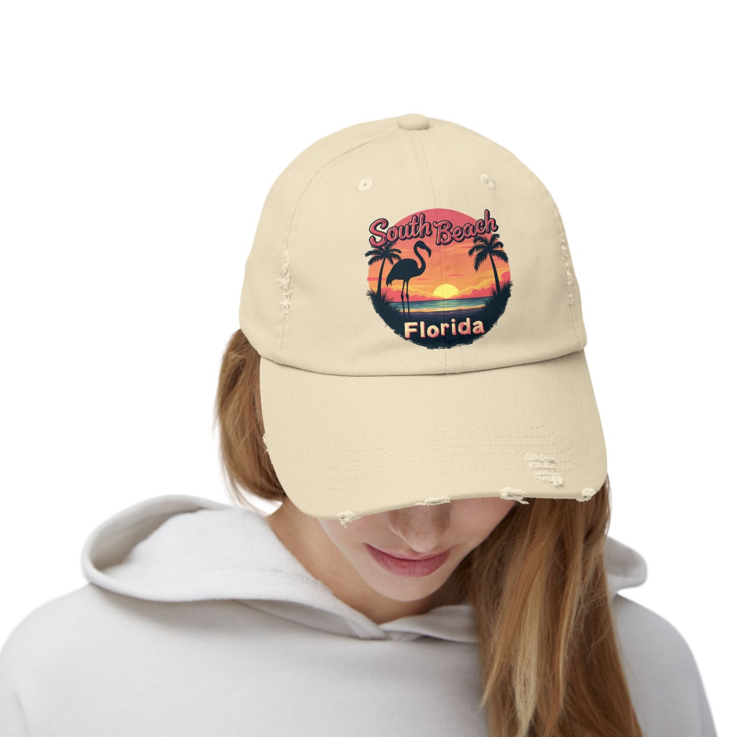 South Beach Florida Flamingo Sunset Artwork Cap
