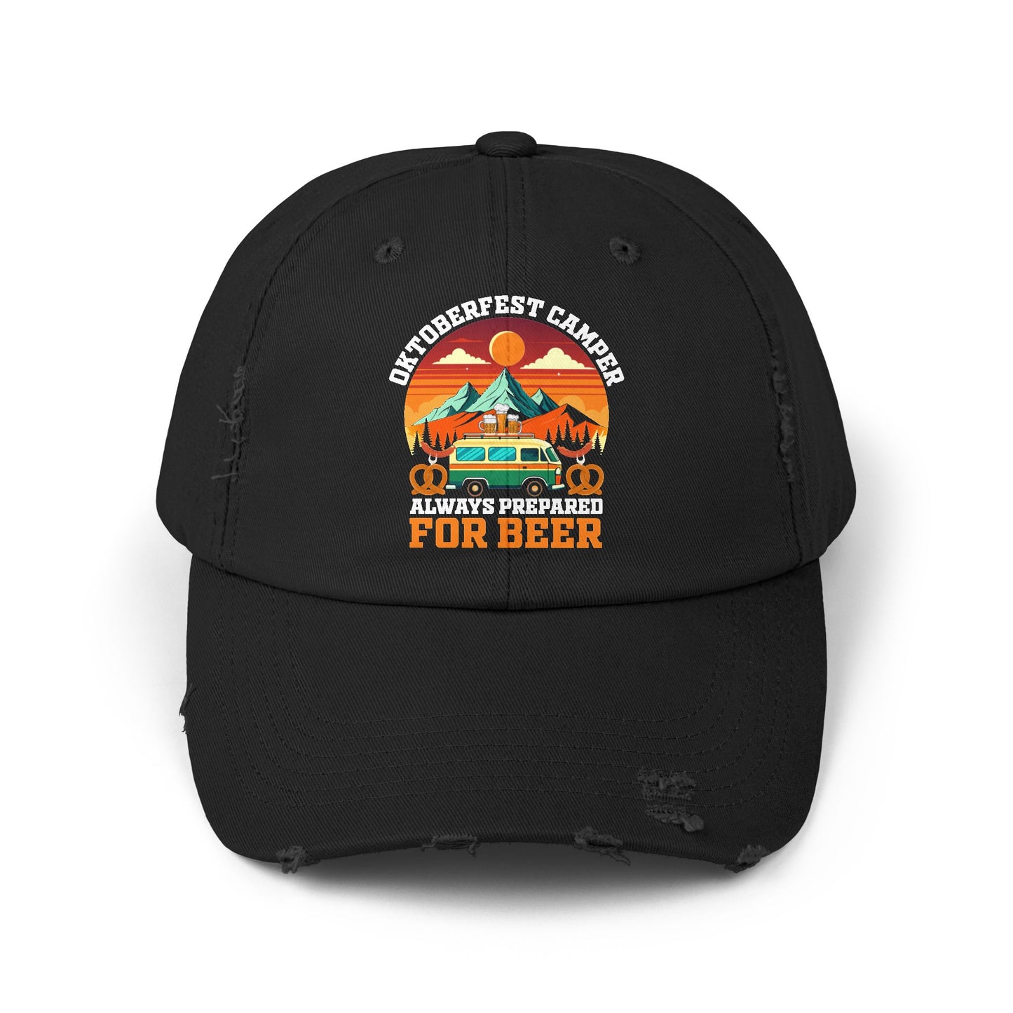 Oktoberfest Camper Always Prepared For Beer Sunset Mountain Scene Cap