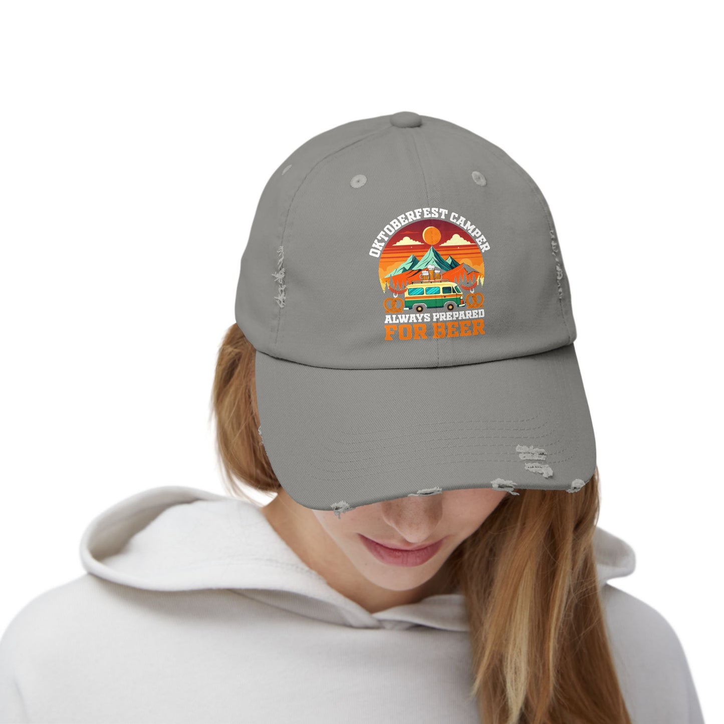 Oktoberfest Camper Always Prepared For Beer Sunset Mountain Scene Cap