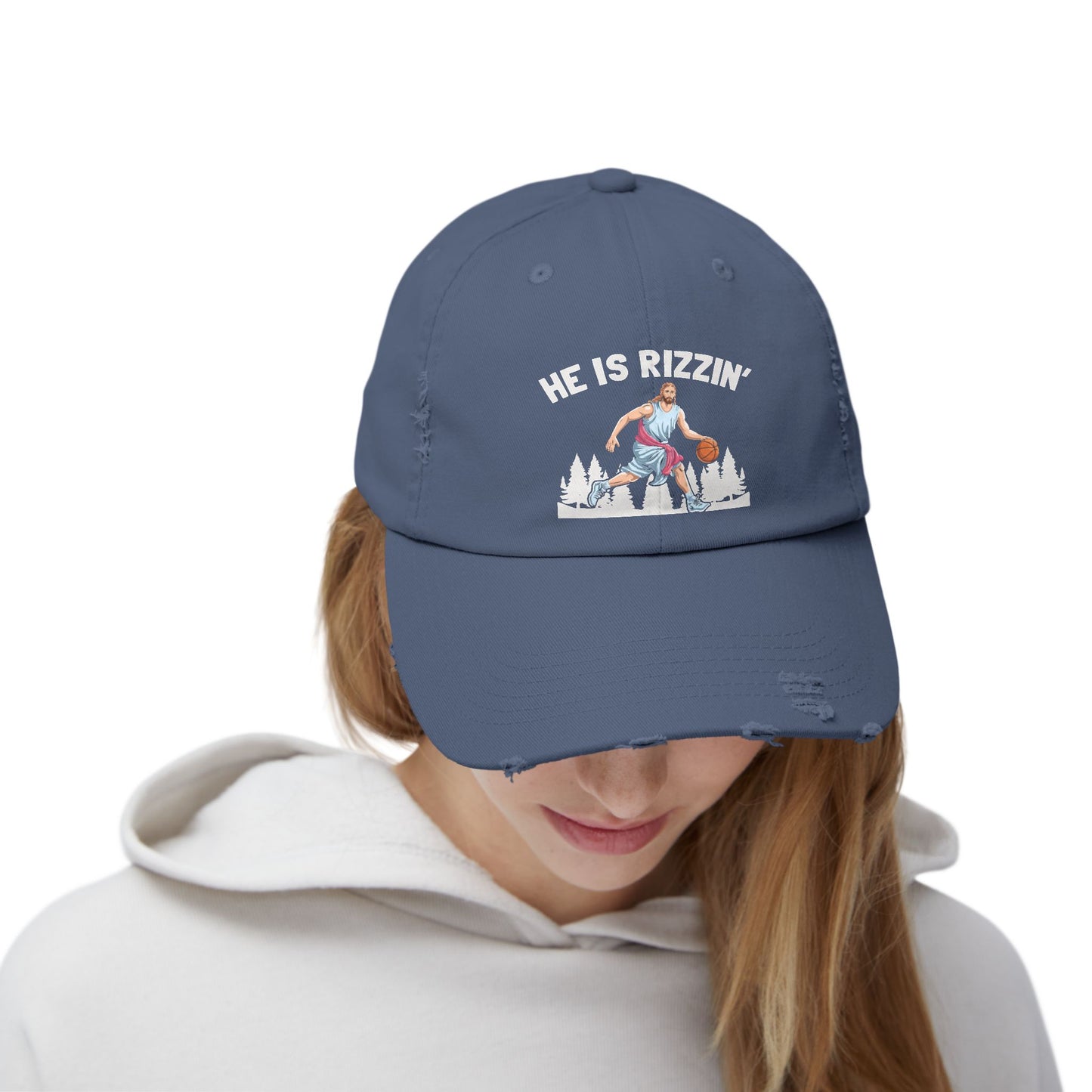 He Is Rizzin' Basketball Icon in Nature Scene Cap