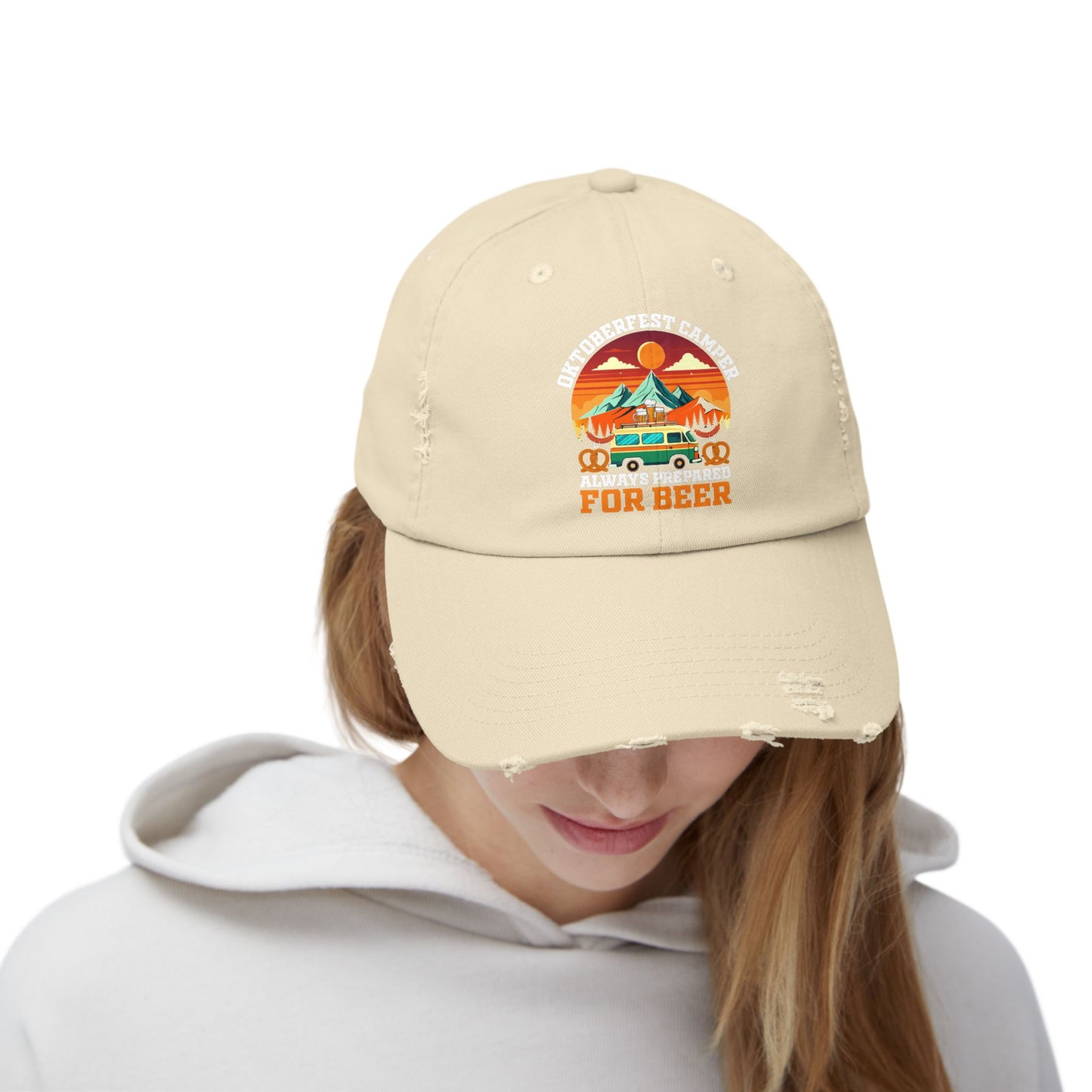 Oktoberfest Camper Always Prepared For Beer Sunset Mountain Scene Cap