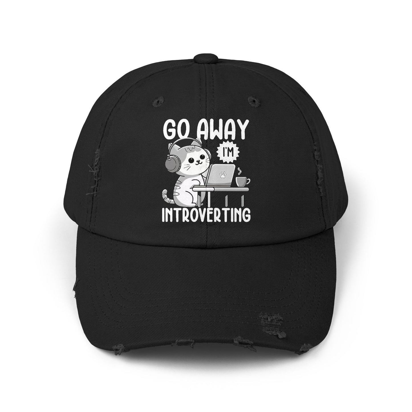 Go Away I'm Introverting Cat with Headphones and Laptop Cap
