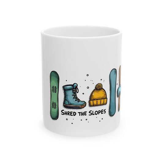 Shred the Slopes Illustration With Snowboarding Gear and Winter Apparel Elements Ceramic Mug