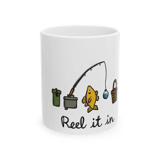Reel It In Fishing Adventure Illustration That Captures the Joy of Angling and Outdoor Fun Ceramic Mug
